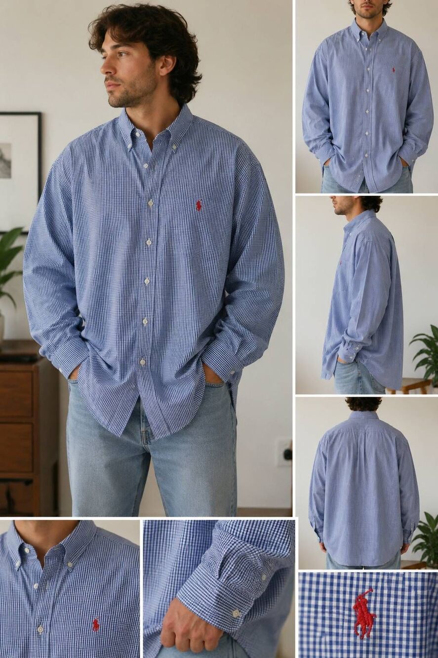 Ralph Lauren Men XL Blue White Gingham Check Button Down Shirt Red Pony Cotton